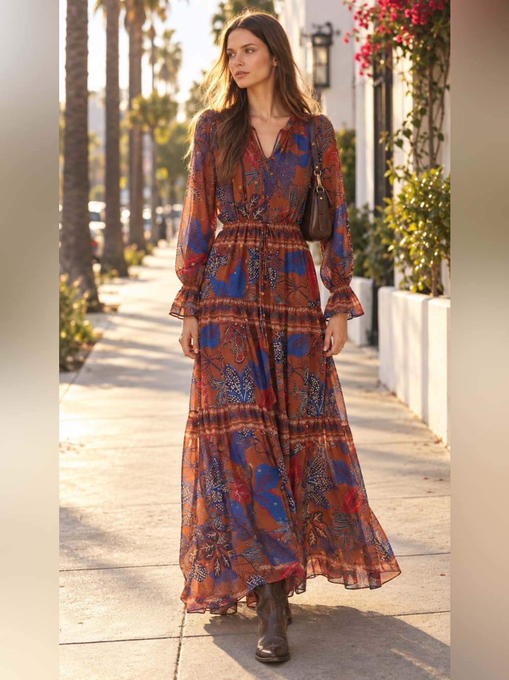 House of Harlow 1960 Boho Printed Maxi Dress with Beaded Tassels NEW